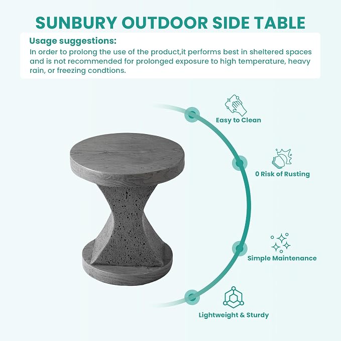 SUNBURY Outdoor Side Table Medium, 20" H Hourglass Design Outdoor Accent End Table, Patio Side Tables, Outside Coffee Tables, Concrete Garden Stool End Table for Living Room, and Backyard, Grey
