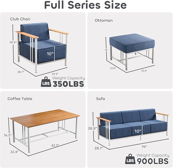 Luxury Patio Furniture Set with 10" Extra Thick Cushions, 8 PCS Outdoor Furniture Set with Patio Chairs & Couch & Coffee Table, Suitable for Porch, Balcony, Deck, Yard, Poolside, White/Blue