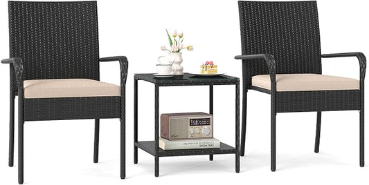 Tangkula 3 Pieces Patio Furniture Set, PE Rattan Outdoor Cushioned Conversation Chairs with 2-Tier Tempered Glass Tabletop Table, for Balcony, Garden and Poolside (Beige)