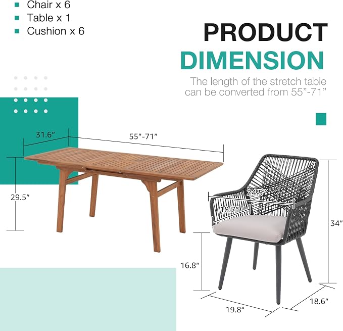 Patiorama 7-Piece Dining Set, Outdoor Dining Table Chair Set, Patio Wicker Dining Table Chair Set with 55"-71" Acacia Wood Expandable Table & Twisted Rattan Chairs for Yard Garden(Black & Cross Back)