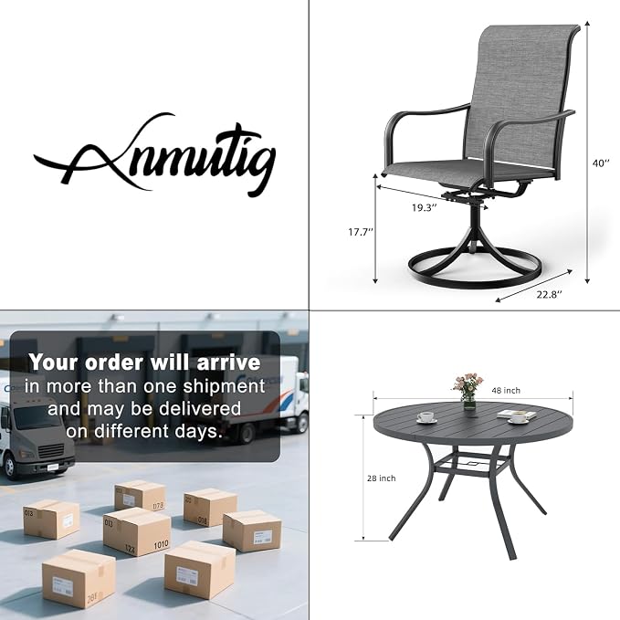 Patio Grey High Back Swivel Chairs, 48" Round Table Dining Set of 5 Style2 | 4 Piece Swivel Chairs: High Back, Curved Armrest, Textilene Fabric, Rocking; 48 inch Metal Round Table, All Weather