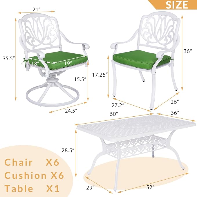 7-Piece Outdoor Patio Dining Set, 60” Rectangular Cast Aluminum Dining Table with Umbrella Hole and 4 Stationary, 2 Swivel Rocker Chairs, 6 Cushioned, Backyard, Patio, Garden, White