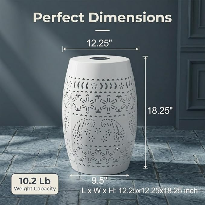 12" Outdoor Solar Side Table, Metal Cutout Drum Side Table, Coffee End Tables, Patio Garden Stool for Small Spaces, Living Room, Backyard, Poolside (1, White + Solar)