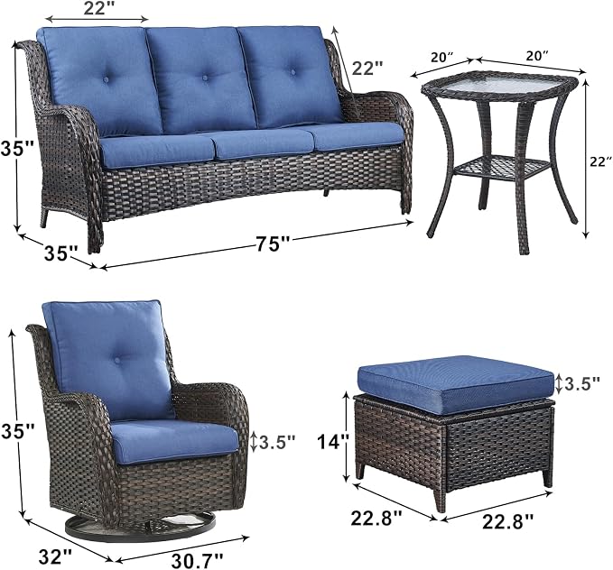 Outdoor Wicker Patio Furniture Set - 6 Piece Rattan Patio Conversation Set with 2 Rocking Swivel Chairs,2 Ottomans,1 Sofa and 1 Side Table for Porch Deck Backyard Garden(Brown/Blue)