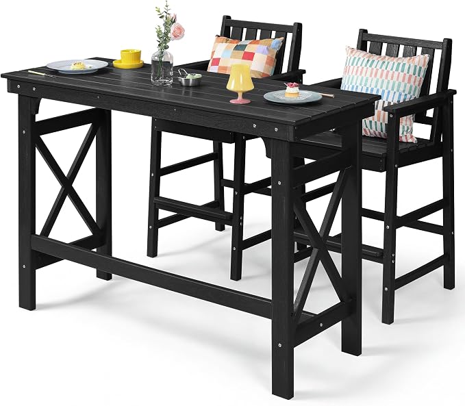 3-Piece Outdoor Bar Table and Chairs Set, HDPE Counter Height Patio Dining Sets, Adirondack Bar Height Chairs Set of 2 and Bar Table for Bistro, Poolside, Backyard, Black