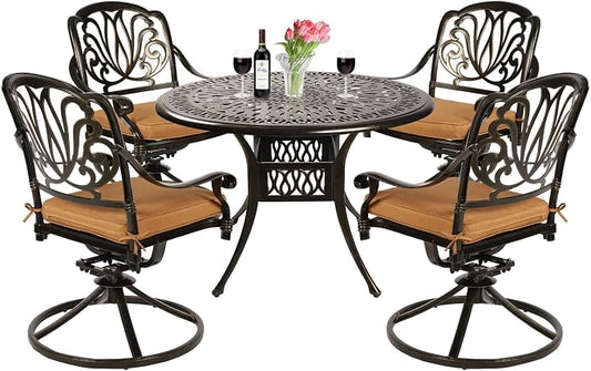 VIVIJASON 5-Piece Outdoor Patio Dining Set, All-Weather Cast Aluminum Conversation Set, Patio Furniture Set for Balcony Lawn Garden, Include 4 Swivel Dining Chairs, a 35.4" Round Table w/Umbrella Hole