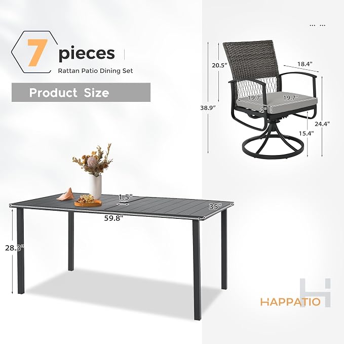 HAPPATIO 7-Piece Patio Dining Set with Wicker Swivel Patio Chairs | Outdoor Dining Set, Powder-Coated Rectangular Dining Table with Umbrella Hole, Removable Cushions for Outside Lawn, Garden,