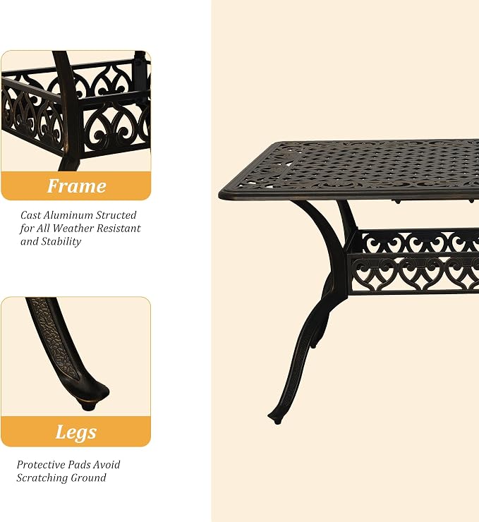 Clihome 59" Outdoor Dining Table 6-Person Cast Aluminum Patio Table with 2" Umbrella Hole Rectangle Patio Dining Table for Yard, Garden, Patio A