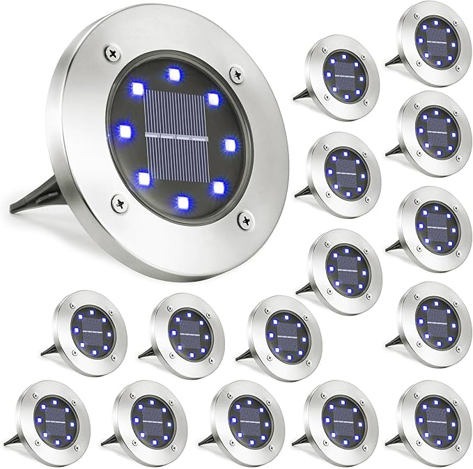 LYHOPE Solar Ground Lights Outdoor, 16 Pack 8 LED Solar Disk Lights Waterproof Garden In-ground Pathway Lights Landscape Lighting for Lawn,Yard,Deck,Patio,Walkway (Blue)