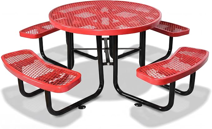 46" Round Metal Picnic Table for 4-8 Person, Durable Heavy Duty Commercial Picnic Table with Umbrella Hole for Outdoor Coffee Shop, School, Hospital, Easy to Install, Red