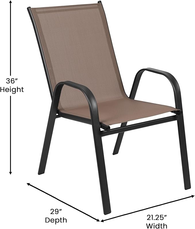 Merrick Lane Bardwell 5 Piece Outdoor Dining Table Set for 4 with Glass-Top Patio Table and 4 Stack Chairs with Flex Comfort Material in Brown