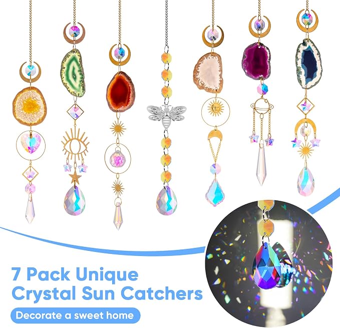 BlumWay Crystal Suncatcher, Hanging Suncatchers with Crystals Light, 7 PCS | Sun Catchers Indoor Window, Prism Pendants, Agate Slices, Tree of Life, Crystal Suncatchers Indoor Outdoor, Home Garden Decor