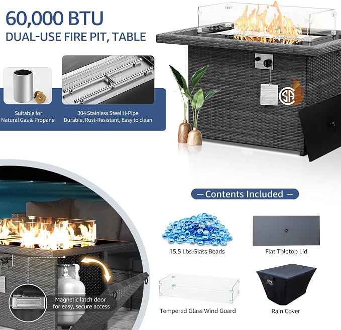 NICESOUL 15 Piece Outdoor Patio Furniture Set with Fire Pit, Extra Large Wide Outdoor Deep Seated Sectional, Cozy 29.3'' High-Back Modular Couch, 500 Lbs High Weight Capacity Wicker Sofa, Gray & Black