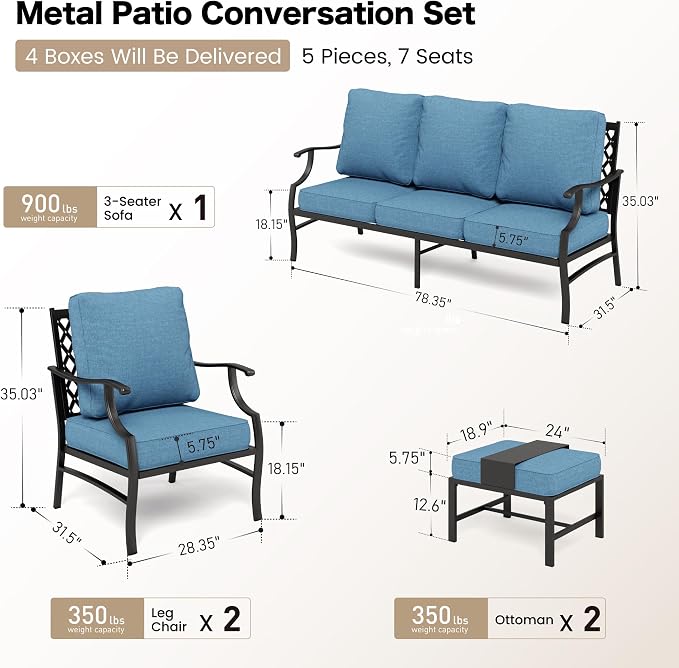 SUNSHINE VALLEY 5 Piece Metal Outdoor Patio Furniture Set, Patio Conversation Sets 1 3-seater Sofa, 2 Fixed Chair, 2 Ottomans with 5.75" Thick Cushion, Black All-weather Frame Backyard Furniture, Navy