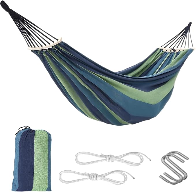 Canvas & Wood Hammock, Blue-Green Striped, 129.9x59.1 Inches, Extra Large Double Hammock, 500 LBS Weight Capacity, Portable with Storage Bag & 2x9.8ft Tree Ropes, Includes Installation Manual, for Out