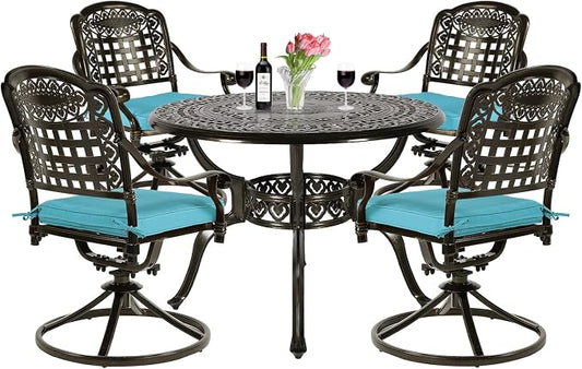 VIVIJASON 5-Piece Outdoor Patio Dining Set, All-Weather Cast Aluminum Conversation Set, Patio Furniture Set for Backyard, Include 4 Swivel Chairs, 38.5" Round Table w/Umbrella Hole, Ocean Blue Cushion