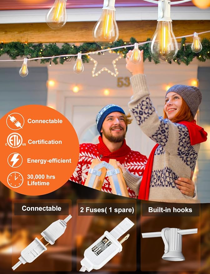 White Outdoor String Lights 120FT Waterproof Lighting for Patio Wedding | 2FT Bulbs Spacing,120FT Connectable White Outdoor Lights with 63 Plastic Dimmable LED Bulbs for Garden Bistro Balcony Party