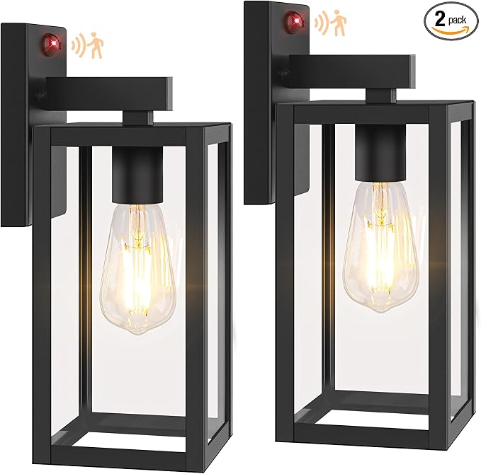 2-Pack 13” Upgraded Motion Sensor Outdoor Wall Lights, Black | Auto ON/OFF, 3 Lighting Modes, Waterproof, Rust-Resistant, Durable Metal & Clear Glass, Standard E26 Sockets, Easy to Install