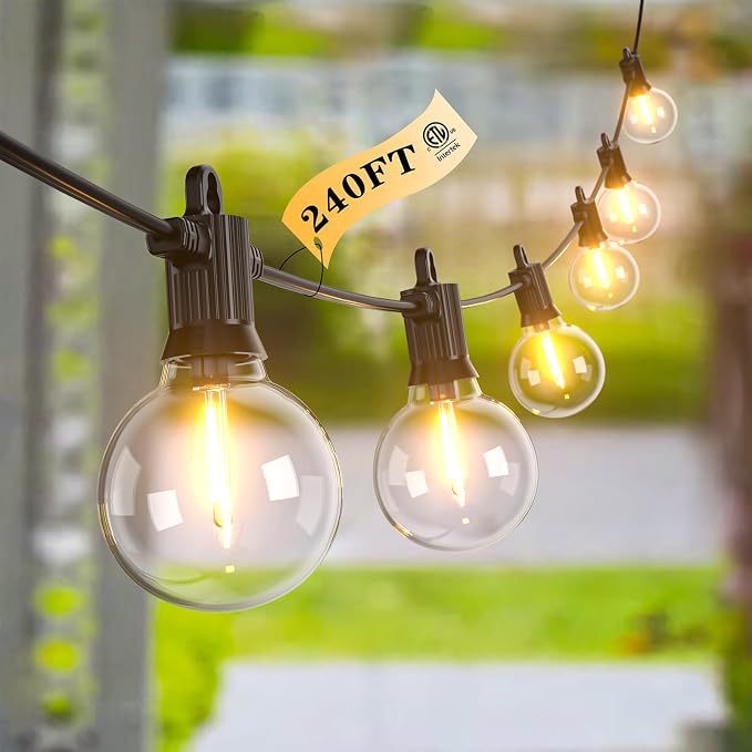 Kawaya G40 Outdoor String Lights 240FT IP65 Waterproof 2700K Patio Light | IP65 120+4 Shatterproof Edison Globe Blubs,2700K Warm White for Garden Porch Fence Camping Party Backyard Deck Bistro Balcony