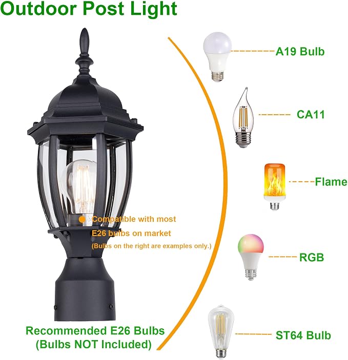 Outdoor Post Light, Rustproof Aluminum Pole Lamp, Black | Exterior Lamp Post Light Fixture for Garden, Yard, Pathway, Waterproof, Glass, E26 Base, Max 60W, 2 Pack