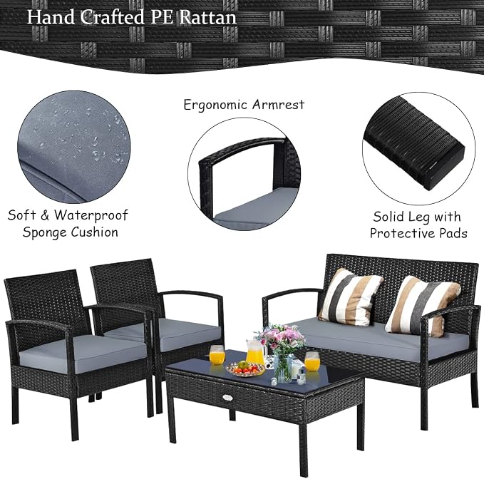 Outdoor Conversation Set 4 Pieces Patio Furniture, Wicker Patio Chair Sofa Set with Water-Resistant Gray Cushion & Tempered Glass Table for Backyard, Balcony, Porch(Black)