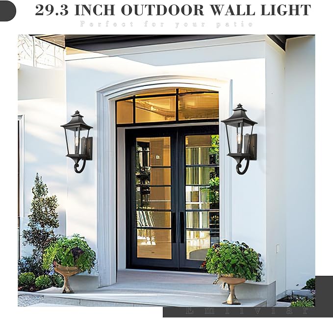 Emliviar 29.3 Inch Outsider Wall Lantern, Outdoor Wall Light Suitable for House Porch, Clear Glass in Black Finish, XE292UB-L BK