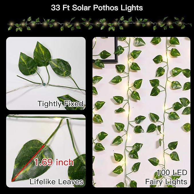 Solar Pothos String Lights, 33Ft 100LED Vines with Lights Warm White