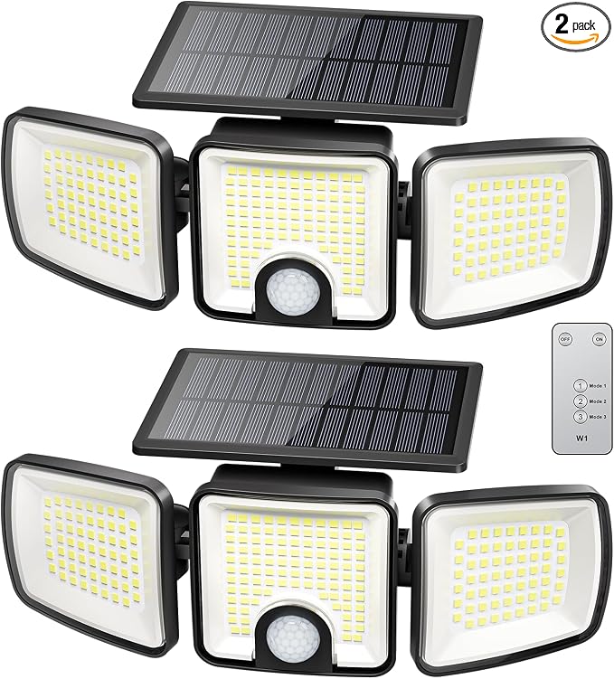 Brightown 2 Pack Solar Flood Outdoor Lights with Motion Sensor 3 Modes | 2500LM 223 LED Solar Outdoor Lights, 3 Head 270° Wide Angle Street Area IP65 Waterproof Security Wall Lights with Remote