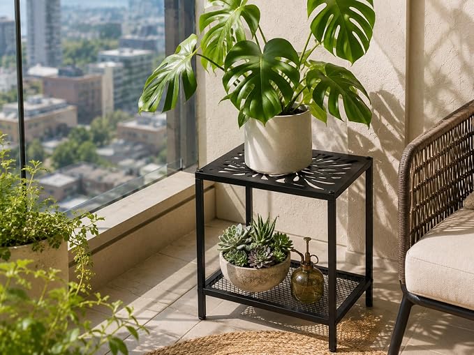 2-Tier Metal Side Table Rectangle Small End Table with Storage Shelf Laser-Cut Leaf Pattern Accent Table Indoor Outdoor Small Space Coffee Table for Living Room, Bedroom, Patio, Plant Stand, Black