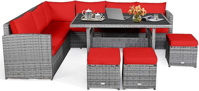 HAPPYGRILL 7 Pieces Rattan Wicker Patio Conversation Set, Outdoor Patio Furniture Set with Cushions, Rattan Sofa Set with Dining Table & Ottomans for Poolside Backyard Balcony Garden (Red)