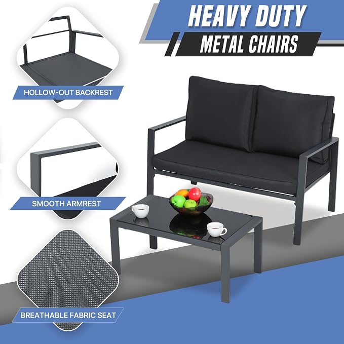 4-Piece Outdoor Patio Furniture Set, Steel Frame Patio Conversation Set with Tempered Glass Side Table for Home, Yard, Poolside