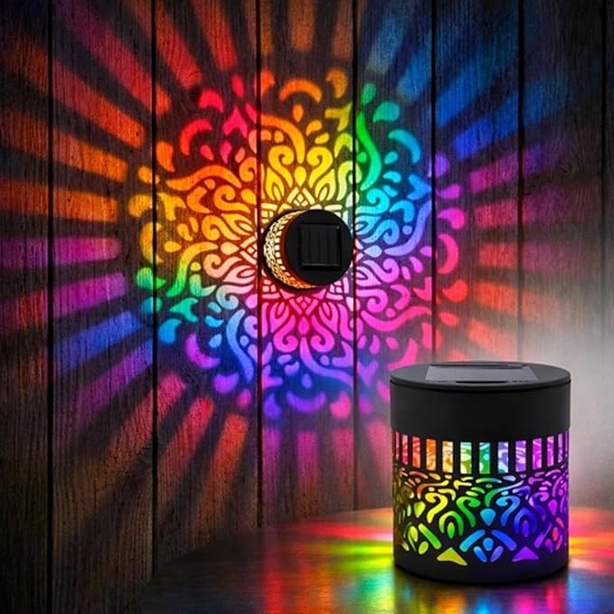 Lscsdf Seven-Color Changing Solar Mandala Projection Wall Light Decorative Solar Mandala Lights Outdoor Waterproof Metal Fence Lights for Yard Garden Post Patio Backyard Decor (1pc)