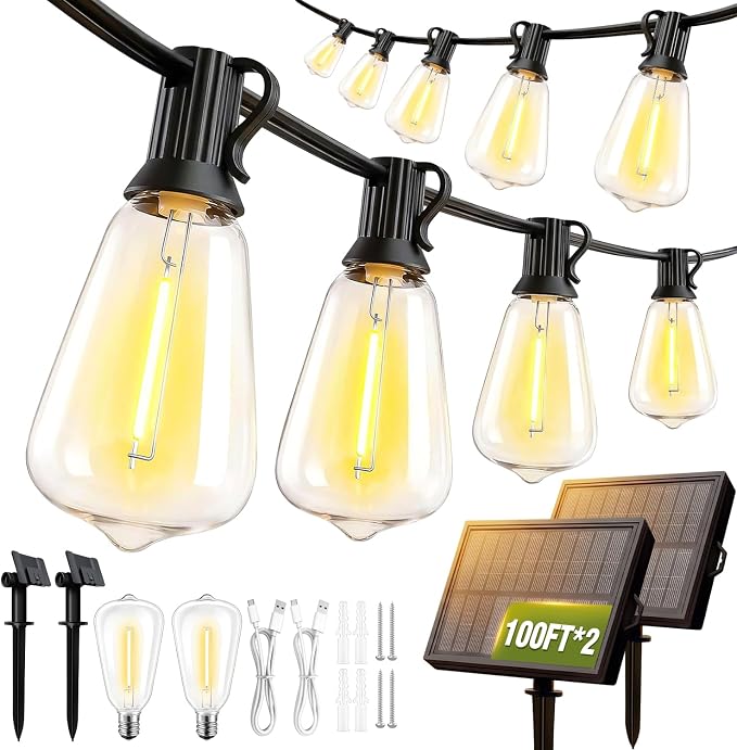 200FT Solar String Lights Outdoor Waterproof with Remote & Timer, LED Shatterproof ST38 Bulbs, USB & Solar Powered Patio Lights for Backyard, Porch, Garden, Wedding, Christmas Decor