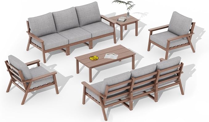 LOUNZY HDPE Patio Furniture Set,10 Pieces Sectional Outdoor Furniture Set, All Weather Outdoor Couch Set Patio Conversation Set for Deck, Lawn, Brown