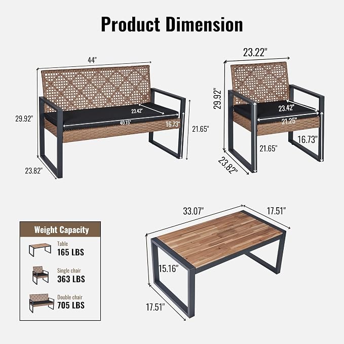 4 Piece Patio Furniture Set, Wicker Rattan Outdoor Furniture with Cushion, Patio Conversation Sets with Chairs Loveseat and Coffee Table for Outdoor, Porch, Yard, Poolside, Balcony, Lawn (Light Brown)