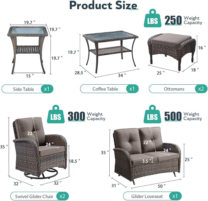 7 Piece Patio Furniture Set - Wicker Patio Conversation Set with Swivel Glider, Glider Loveseat, Tempered Glass Side Table and 2 Ottomans for Deck Backyard - Brown Wicker Grey Cushion