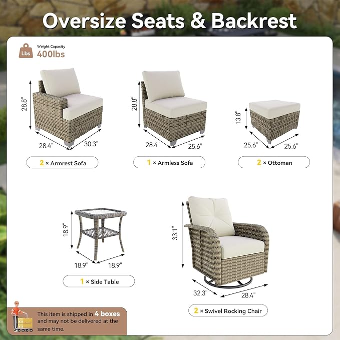 LET'S PATIO Luxury Patio Furniture Set，8 Piece Outdoor Furniture Sectional Set with Swivel Rocker Chairs of 2，All-Weather Patio Sectional Sofas with Thickened Cushions, Beige