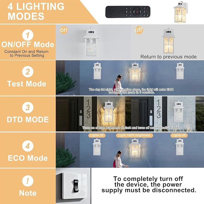 Porch Lights with GFCI Outlet with Remote | Dusk to Dawn Motion Sensor Outdoor Light, Upgraded 4 Lighting Modes Exterior Fixture Outside Lights for House Patio Garage