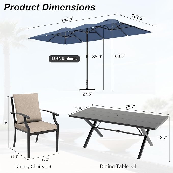 10 Piece Outdoor Dining Set for 8, Patio Table and Chairs Set with Umbrella, Metal Patio Furniture Set with 8 Stackable Chairs, Outdoor Table and Chairs with Cushions for Lawn, Garden, Yard-Sand