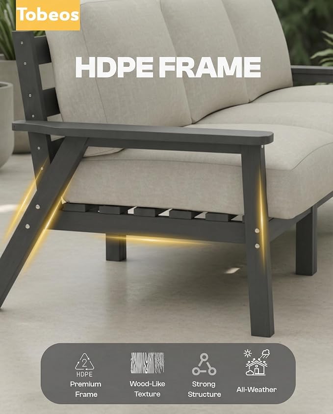 HDPE Patio Furniture Set 5 Seats with Cantilever Umbrella, Outdoor Couch with Washable Thick Beige Cushions & Tables, Outdoor Sectional Furniture for Deck, Lawn, Porch (Gray Frame)