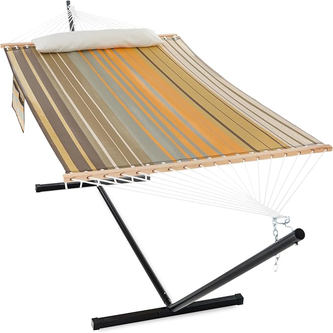 GAFETE Waterproof 2 Person Hammock with Stand for Outside Heavy Duty, 55 Inch Double Large Quick Dry Textilene Hammocks with Spreader Bar, Pillow, Pockets, for Outdoor, 475lbs Capacity (Coffee Stripe)