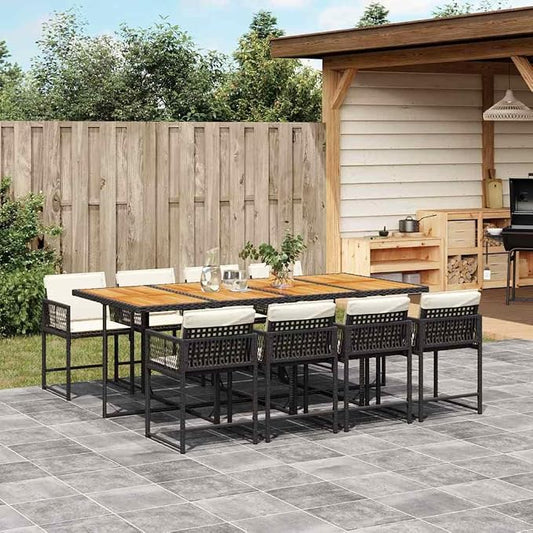 9 Piece Outdoor Patio Dining Set, 8-Seater Garden Furniture with Folding Chairs and Acacia Wood Tabletop, Weather-Resistant Poly Rattan Dining Table Set for Backyard, Deck, and Patio, Black