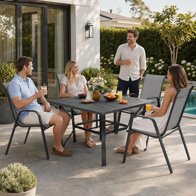5 Piece Patio Dining Set, Stackable Outdoor Chairs Set of 4 with Textilene Fabric, 37.8" Wood-Grain Square Table with Umbrella Hole for Backyard Lawn Party (1 Table + 4 Chairs) (Grey)