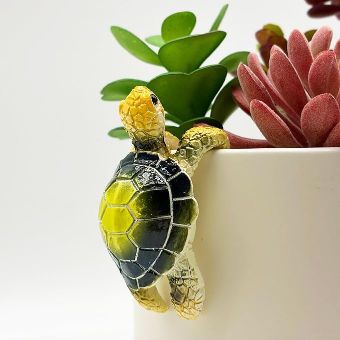 Cute Climbing Green Sea Turtle Flower Pot Hugger Figurines, Small Resin Hanging Tortoise Statue Planter Pot Decoration for Home Garden Fence Balcony Patio Lawn Yard Ornaments