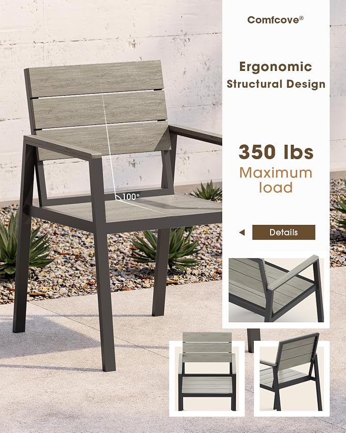Outdoor Dining Set for 4, Aluminum Patio HDPS Outdooor Table and Chairs Set with Umbrella Hole, All Weather Patio Furniture Set, 5 Peice Patio Dining Table Set (Classic Gray)