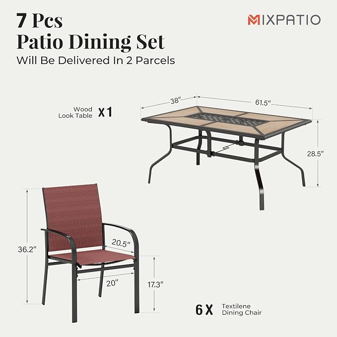 MIXPATIO Outdoor Patio Dining Set 7 Piece Furniture Set with 6 Red Chairs and Wood-Like Table Top Rectangular Table for Deck Garden Backyard Lawn Poolside