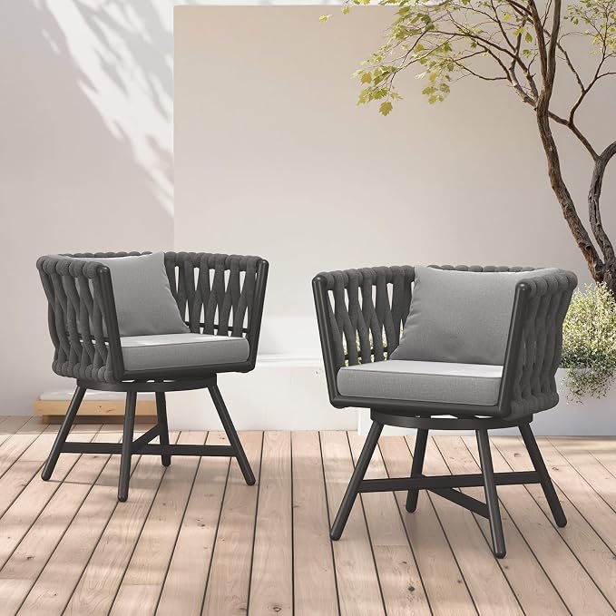 Grand patio Swivel Dining Chairs Set of 2, Rope Patio Outdoor Chairs with Cushions, Heavy Duty Outdoor Patio Bistro Chairs for Lawn,Garden,Deck,Backyard,Porch and Balcony, Light Gray