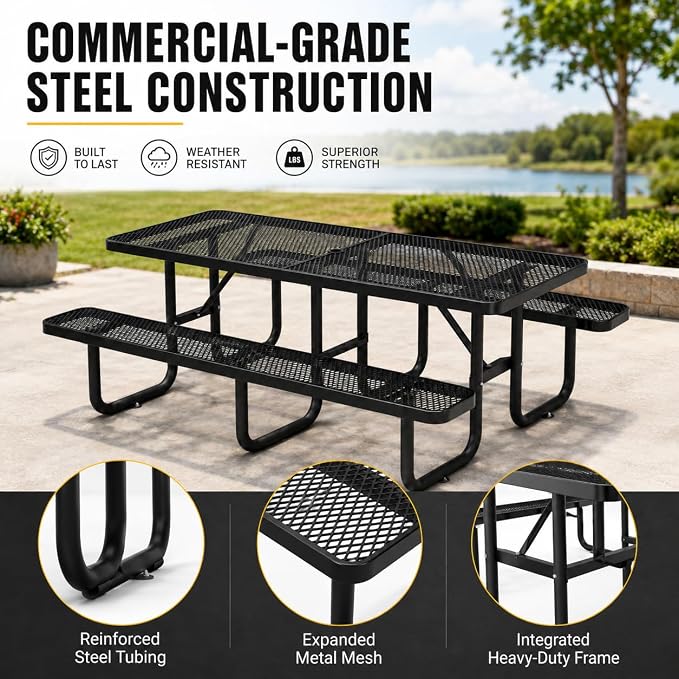 8 FT Heavy Duty Outdoor Metal Picnic Table with Umbrella Hole, Commercial Grade Steel Picnic Table with Benches, Seats 8-10 Adults, Weather Resistant for Backyard, Park, School & Campground
