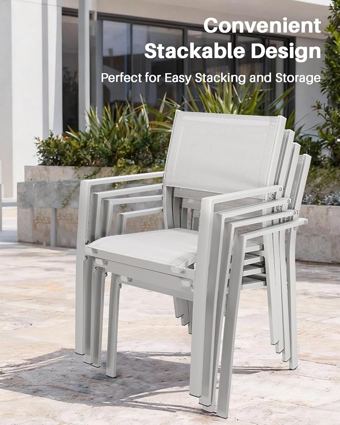 9 Pieces Extendable Patio Dining Set, 6-10 Person Expandable Outdoor Dining Table with Wood Grain Top and 8 Stackable Textilene Dining Chairs, Aluminum Patio Table and Chairs Set for Backyard