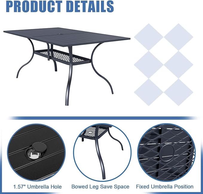 Oakcloud 7-Piece Metal Outdoor Furniture Patio Dining Set with Brown Umbrella, 6 Metal Swivel Chairs and Rectangle Dining Table with Umbrella Hole